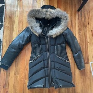 Series by Nicole Benisti Coat with REAL FOX TRIM HOOD and leather sleeves MEDIUM